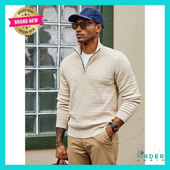 Quarter Zip Pullover Slim Fit Knit Textured Mock Neck Casual Elegant Classic - Picture 3 of 8